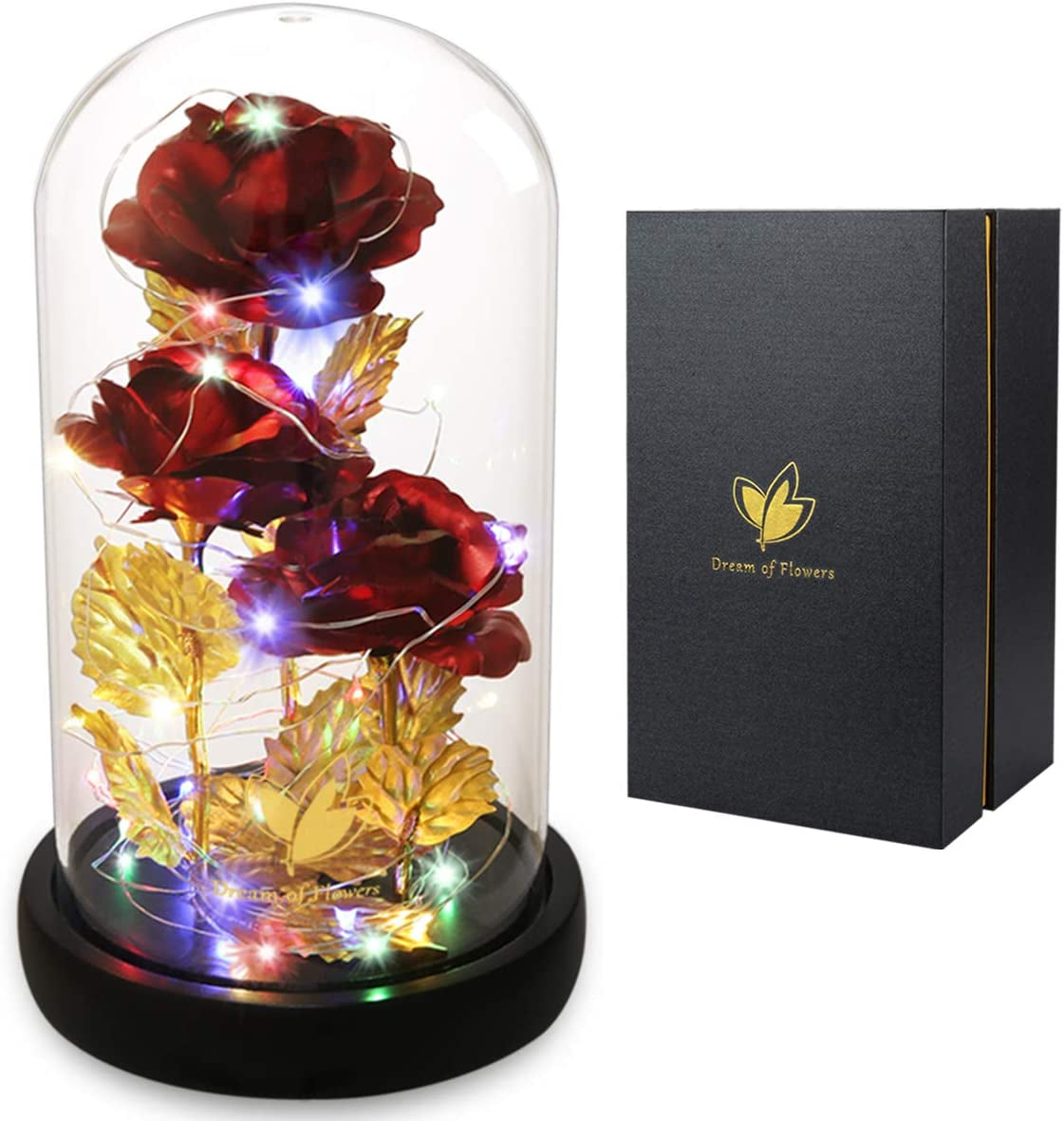 Christmas Rose Gifts for Her Beauty and the Beast Rose 24K Red Rose in Glass Dome, Light up Rose, Forever Artificial Flowers, Enchanted Red Rose Gift for Her on Valentines Day Wedding Anniversary