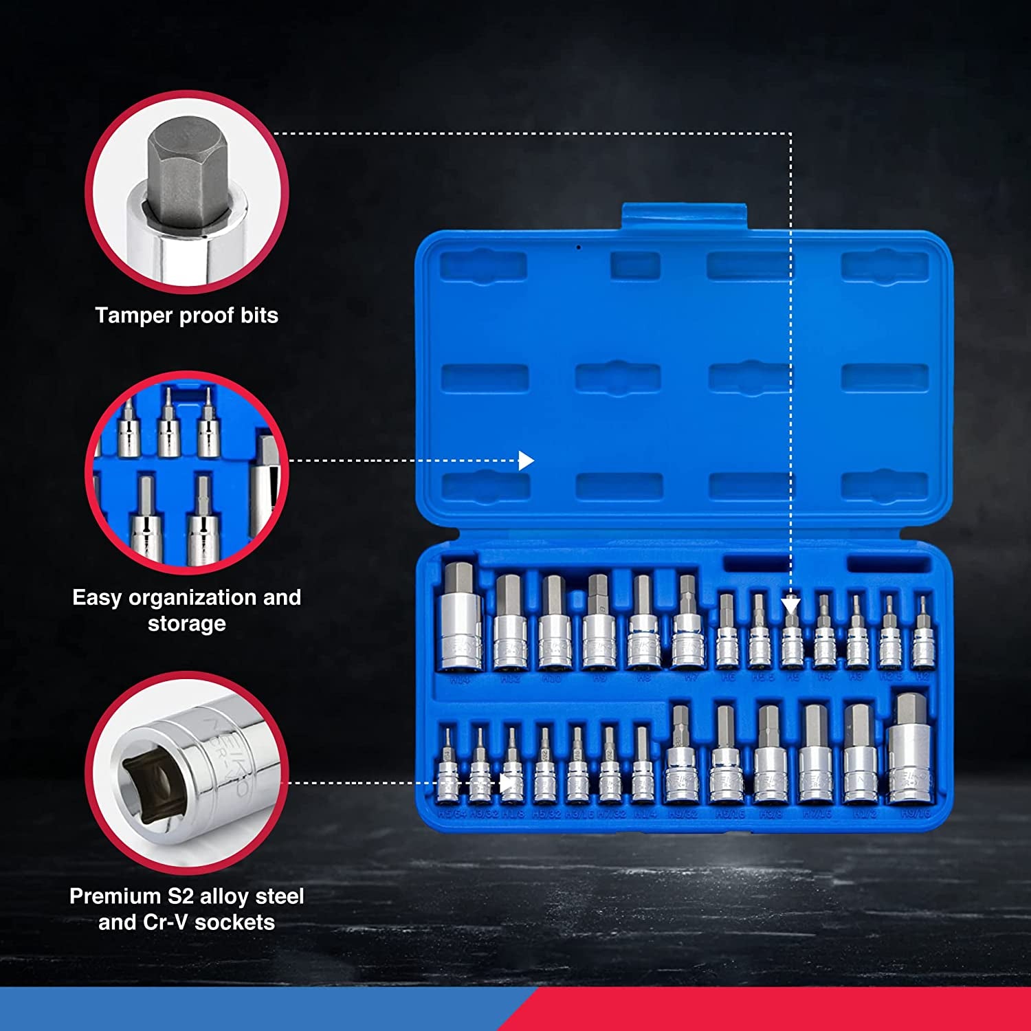 01144A Tamper-Proof Hex Bit Socket Set, 26 Pieces | SAE 5/64-9/16”, Metric 2-14MM