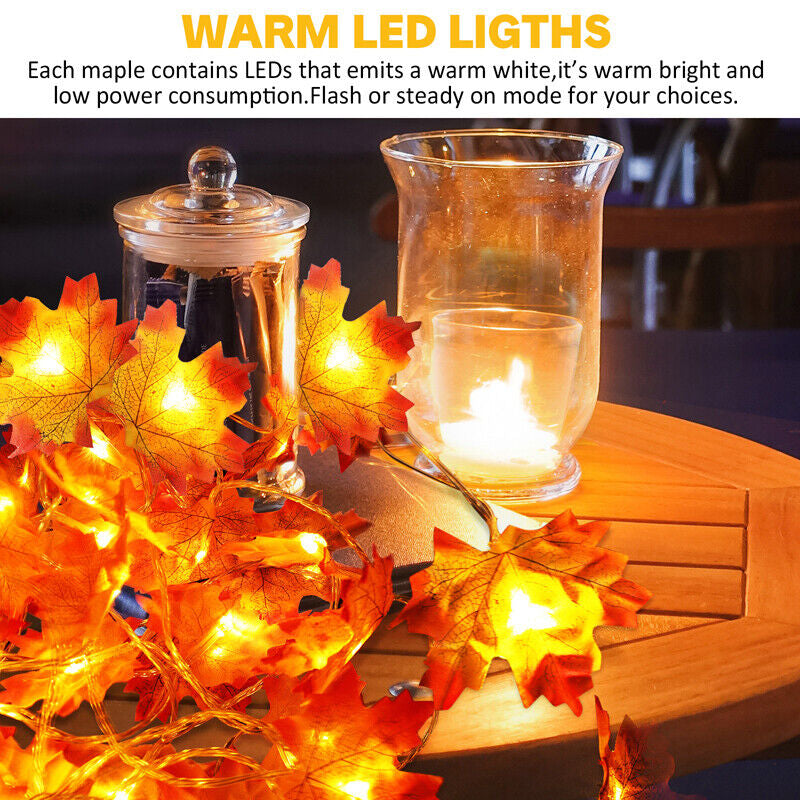 20FT Fall Thanksgiving Maple Leaves 40 LED Light Lamp Garland Festival Decor