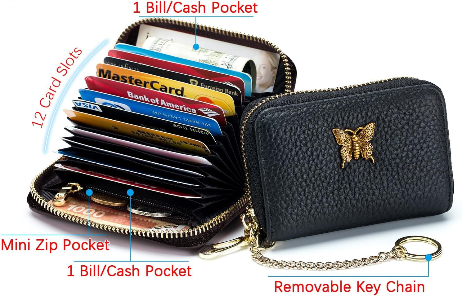 RFID Leather Credit Card Wallet for Women, Small Zipper Card Case Holder with Removable Keychain(Black)