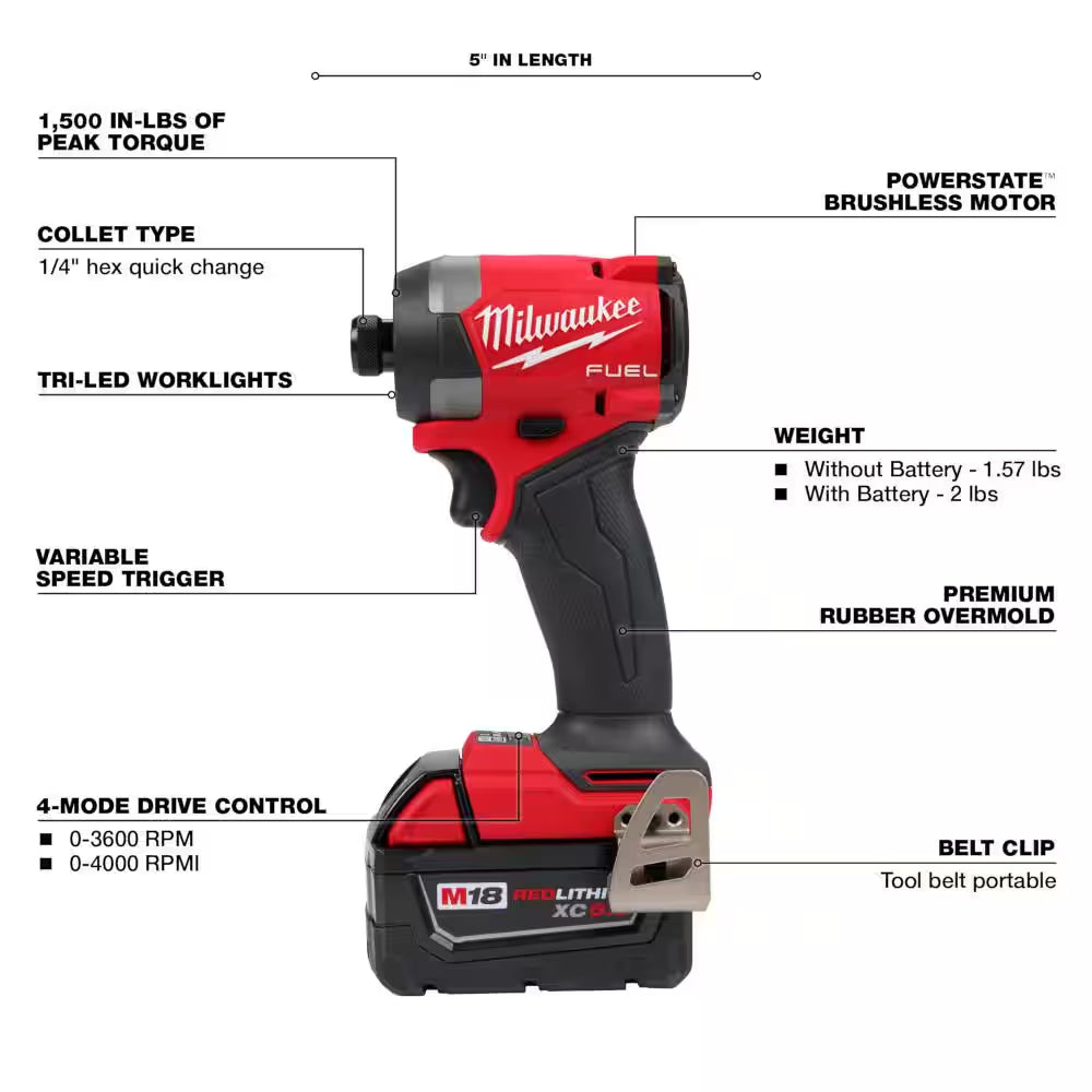 M18 Fuel 18-V Lithium-Ion Brushless Cordless 1/4 In. Hex Impact Driver Kit W/(3) 5.0 Ah Batteries, Charger & Hard Case