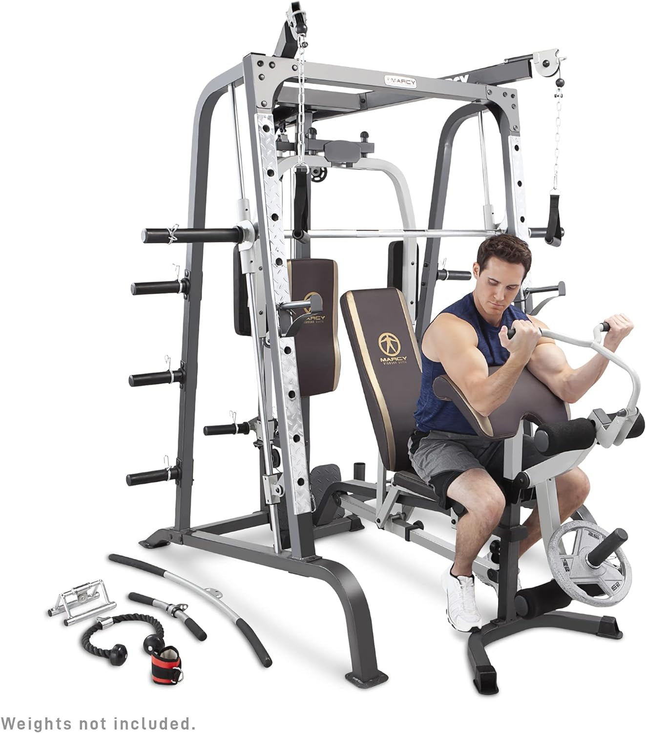 Pro Smith Cage Workout Machine Full Body Training Home Gym System with Leg Developer, Press Bar, Cable Crossovers and Squat Rack, White