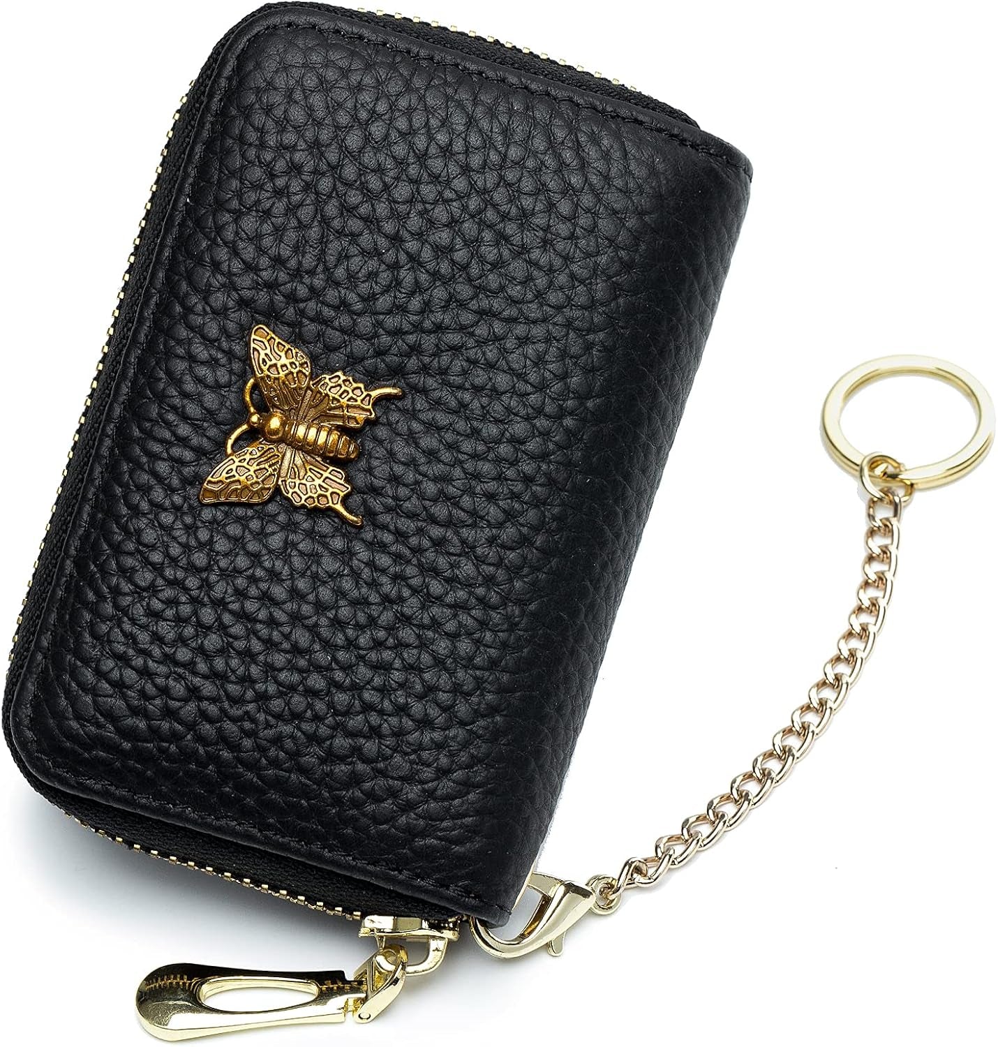 RFID Leather Credit Card Wallet for Women, Small Zipper Card Case Holder with Removable Keychain(Black)