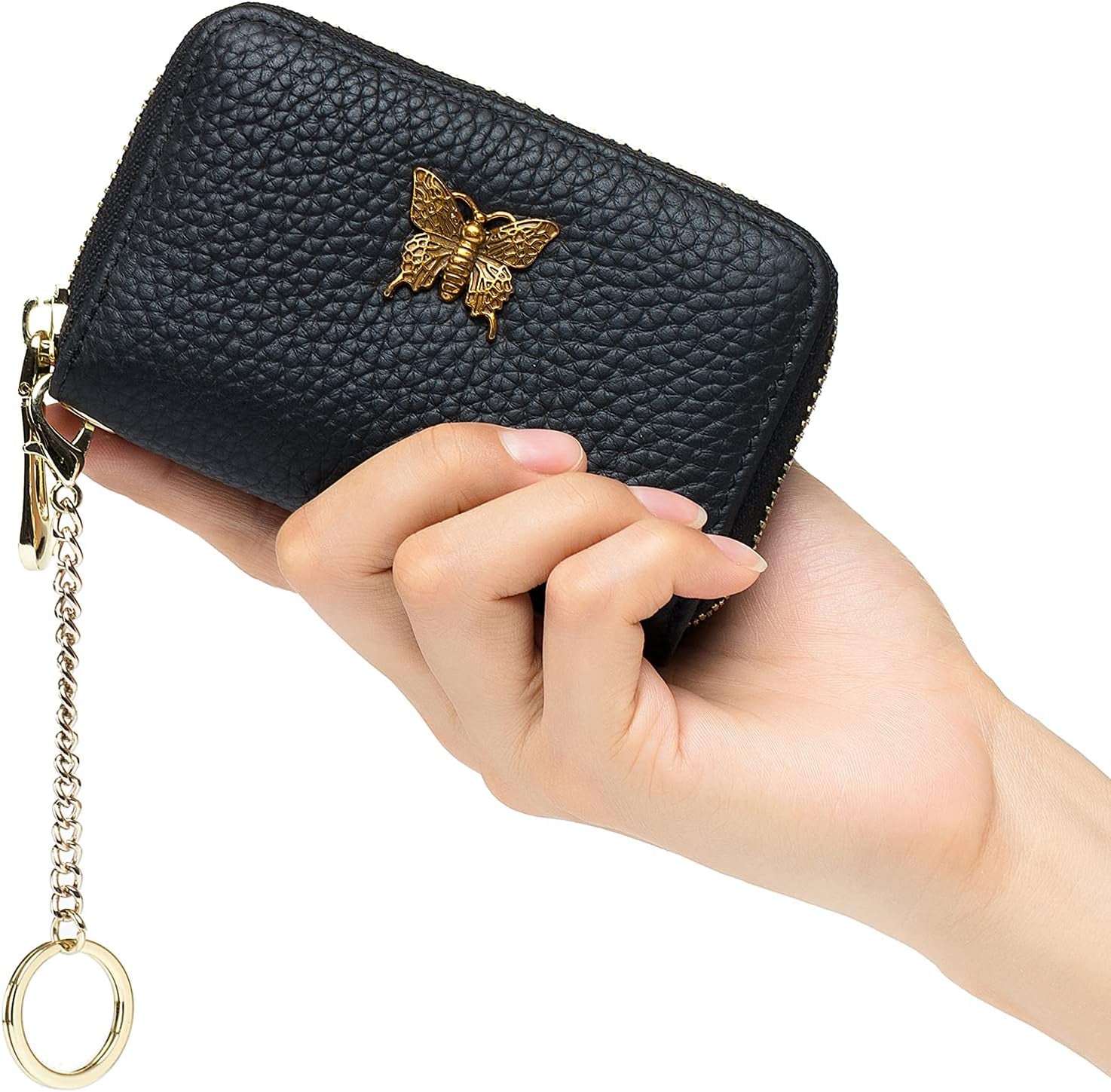 RFID Leather Credit Card Wallet for Women, Small Zipper Card Case Holder with Removable Keychain(Black)