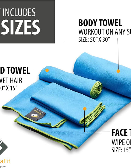 Load image into Gallery viewer, Quick Dry Towel - 3 Size Pack of Lightweight Microfiber Travel Towels W/Bag - Fast Drying Towel Set for Camping, Beach, Gym, Backpacking, Sports, Yoga &amp; Swim Use
