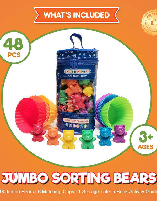 Load image into Gallery viewer, Jumbo Counting Bears with Stacking Cups - Montessori Educational Sorting Rainbow Toys for 3 Year Old Boys and Girls with 48 Preschool Math Manipulatives, Toy Storage and Toddler Games Ebook
