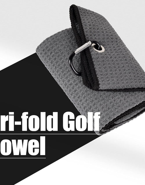 Load image into Gallery viewer, Tri-Fold Golf Towel | Premium Microfiber Fabric | Waffle Pattern | Heavy Duty Carabiner Clip (Dark Gray/Black)
