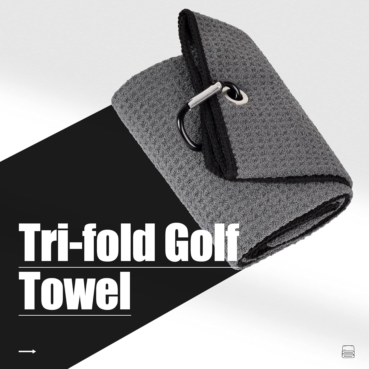 Tri-Fold Golf Towel | Premium Microfiber Fabric | Waffle Pattern | Heavy Duty Carabiner Clip (Dark Gray/Black)