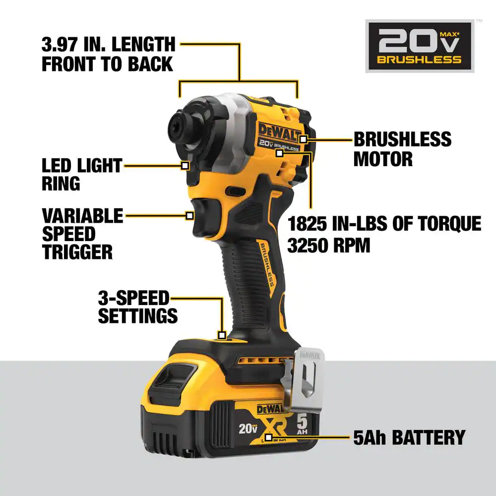 ATOMIC 20V MAX Lithium-Ion Cordless 1/4 In. Brushless Impact Driver Kit, 5 Ah Battery, Charger, and Bag