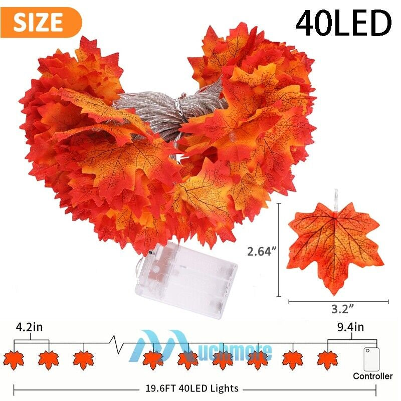 20FT Fall Thanksgiving Maple Leaves 40 LED Light Lamp Garland Festival Decor