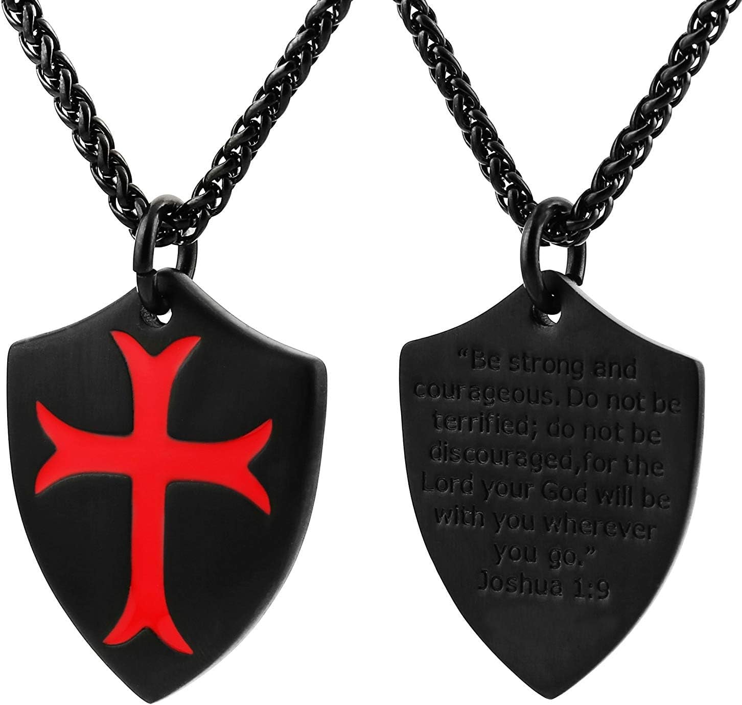 Knights Templar Cross Joshua 1:9 Shield Stainless Steel Pendant Necklace with 22+2 Inch Chain