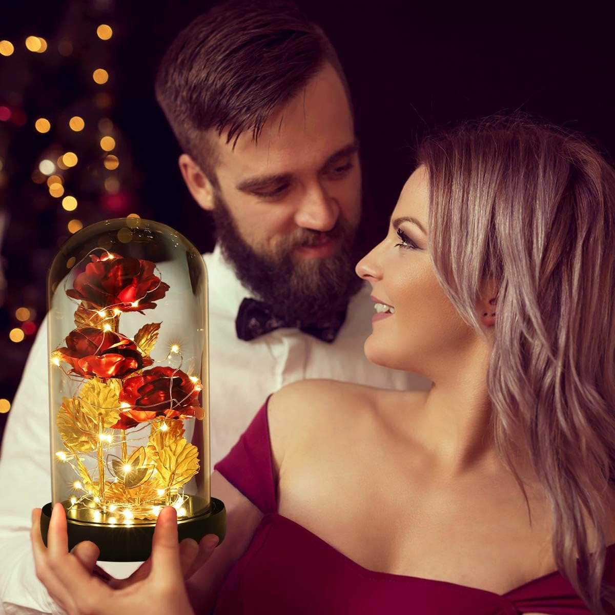 Christmas Rose Gifts for Her Beauty and the Beast Rose 24K Red Rose in Glass Dome, Light up Rose, Forever Artificial Flowers, Enchanted Red Rose Gift for Her on Valentines Day Wedding Anniversary