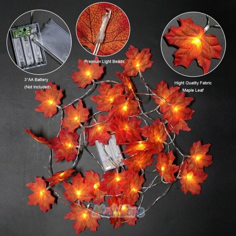 20FT Fall Thanksgiving Maple Leaves 40 LED Light Lamp Garland Festival Decor