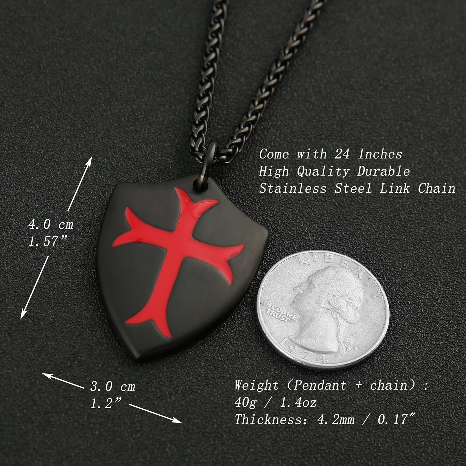 Knights Templar Cross Joshua 1:9 Shield Stainless Steel Pendant Necklace with 22+2 Inch Chain