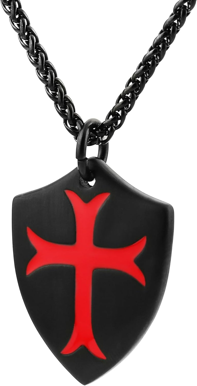 Knights Templar Cross Joshua 1:9 Shield Stainless Steel Pendant Necklace with 22+2 Inch Chain