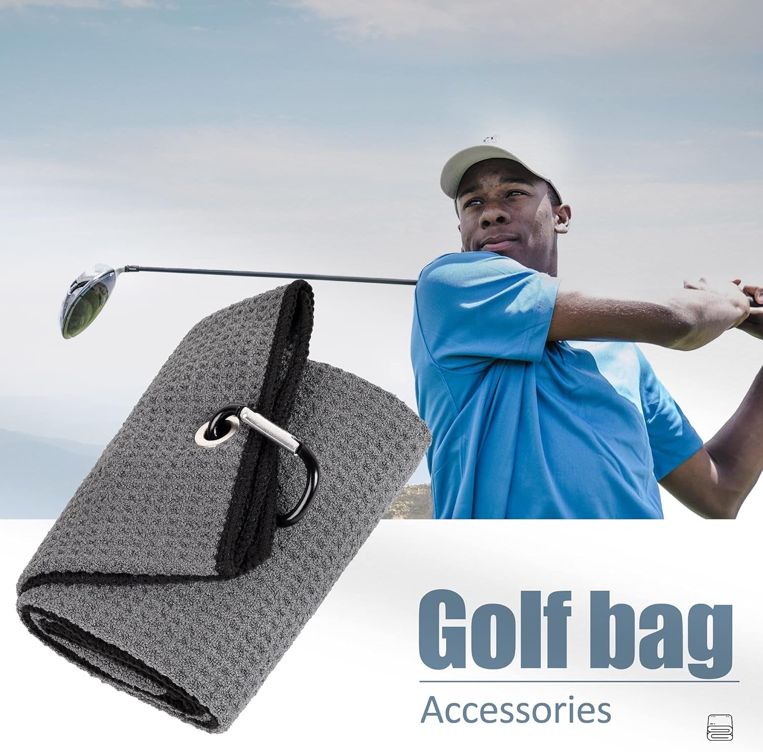 Tri-Fold Golf Towel | Premium Microfiber Fabric | Waffle Pattern | Heavy Duty Carabiner Clip (Dark Gray/Black)