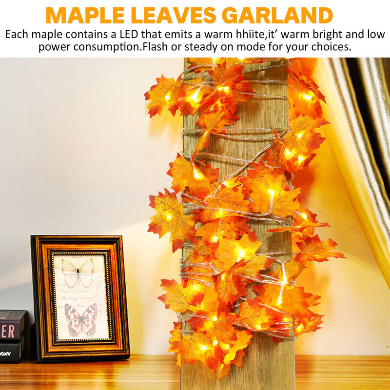 20FT Fall Thanksgiving Maple Leaves 40 LED Light Lamp Garland Festival Decor