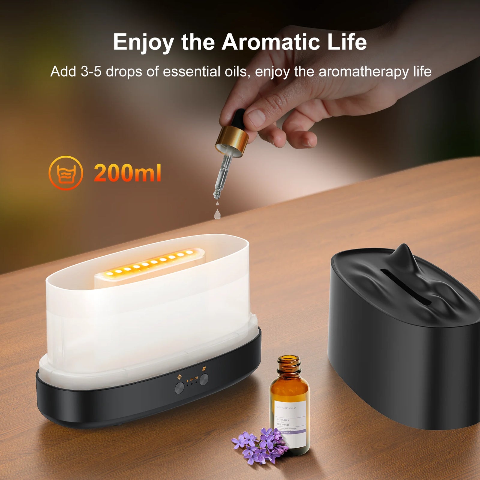 Flame Diffuser Humidifier with Flame Light, 3 Flame Colors Essential Oil Diffuser, Waterless Auto Shut-Off, Time Setting for Home, Office, Room