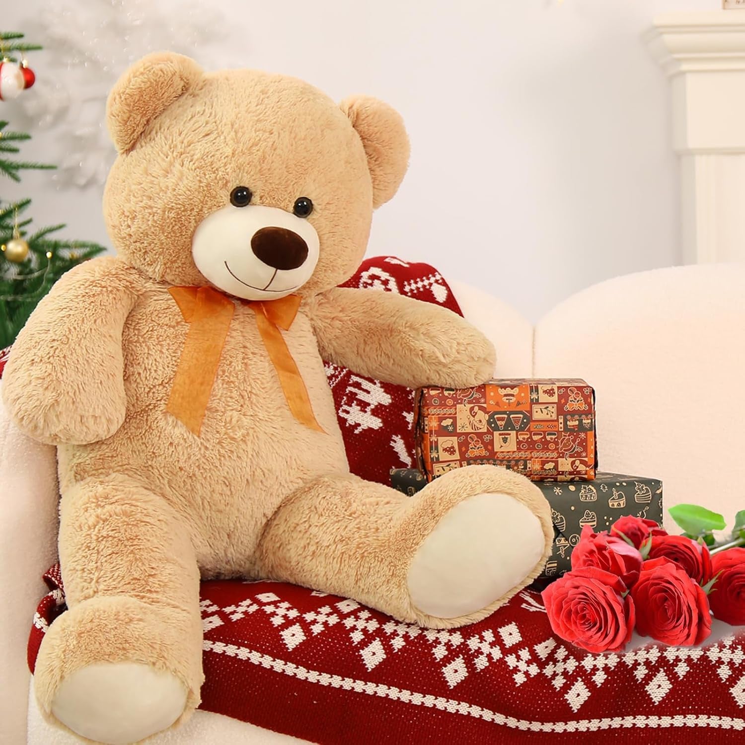 Giant Teddy Bear Stuffed Animal-35.4'' Large Teddy Bear, Soft Large Teddy Bear Plush Toy, Brown Teddy Bear, Big Stuffed Bear for Girl Boy Girlfriend Valentines Christmas Birthday, Light Brown