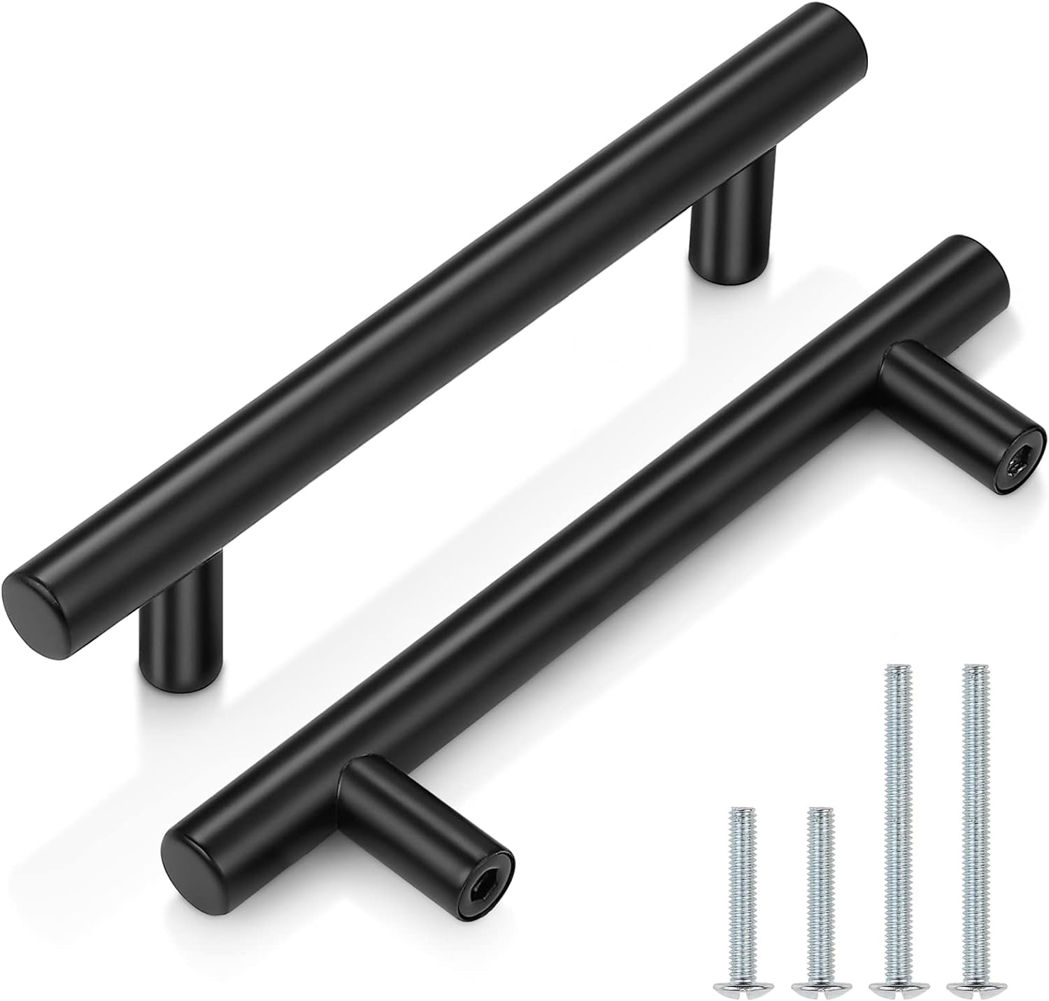 (25 Pack) Flat Black Modern Kitchen Cabinet Pulls 3-3/4" Hole Centers Euro T Bar Stainless Steel Cupboard Dresser Handles