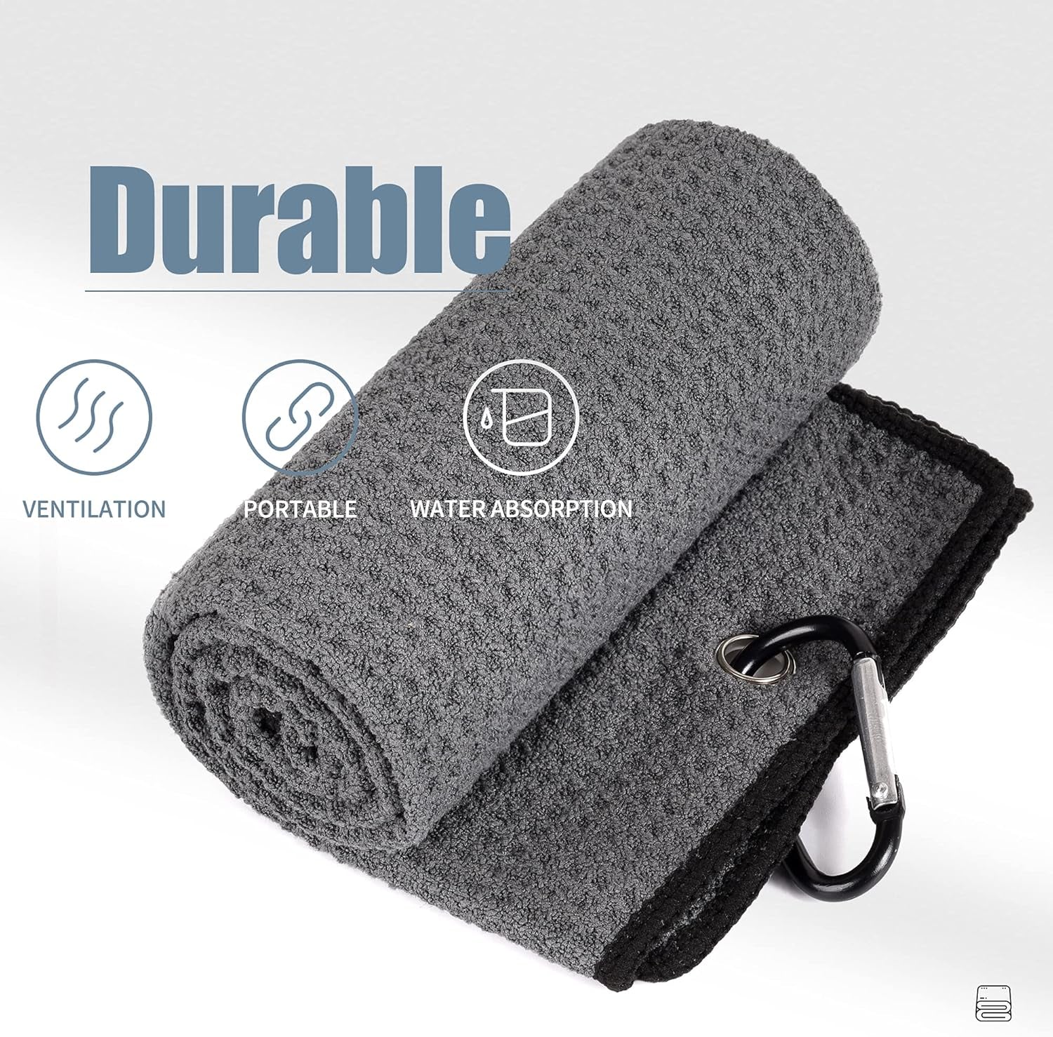 Tri-Fold Golf Towel | Premium Microfiber Fabric | Waffle Pattern | Heavy Duty Carabiner Clip (Dark Gray/Black)