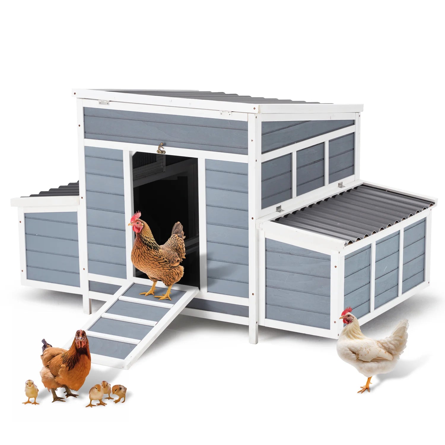 Chicken Coop 56" Large Wooden Chicken Hutch with 6 Nesting Boxes Outdoor Hen House Chicken Cage W/Ramps, Removable Tray for Easy Cleaning