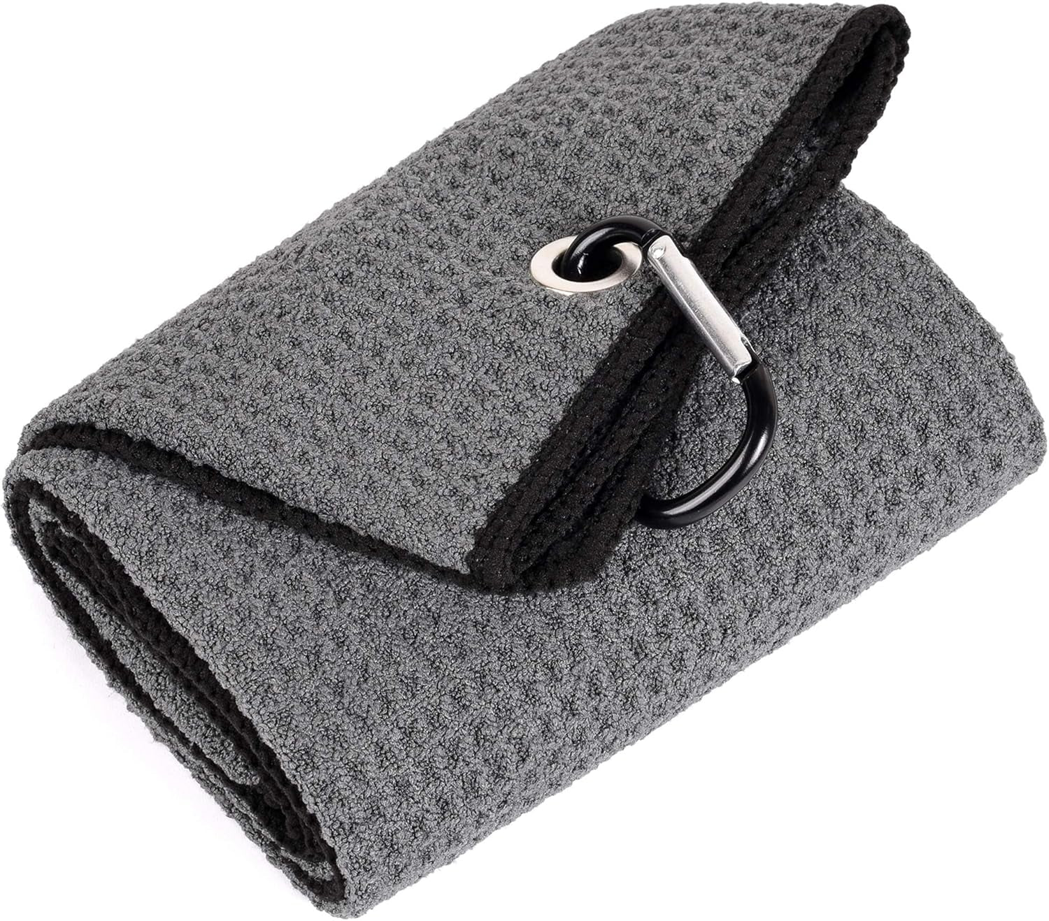 Tri-Fold Golf Towel | Premium Microfiber Fabric | Waffle Pattern | Heavy Duty Carabiner Clip (Dark Gray/Black)